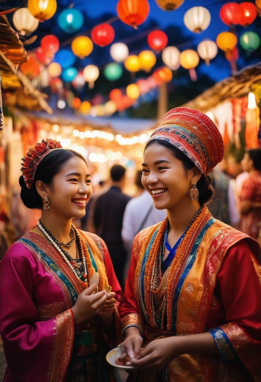 A vibrant scene depicting a joyful multicultural festival with people of various backgrounds celebrating together, adorned in colorful traditional costumes, sharing food and laughter, surrounded by decorated stalls and enchanting lights. Include elements that symbolize friendship—like hands joined together and diverse cultural symbols. The atmosphere should radiate warmth and togetherness in a beautiful outdoor setting. super-realistic. vibrant colors. festive ambiance.