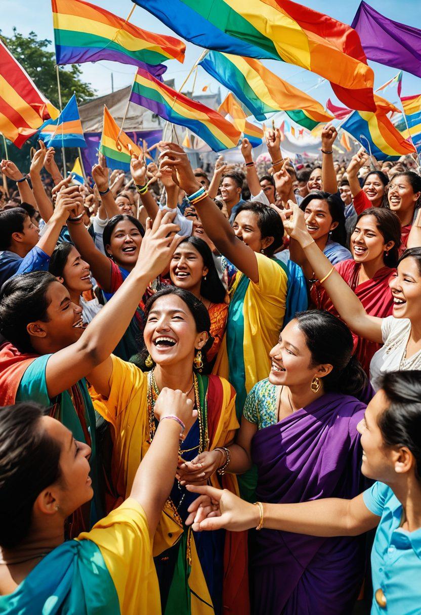 A vibrant festival scene showcasing a diverse group of people joyfully celebrating under colorful flags and rainbow decorations. Emphasize unity through intertwined hands and smiling faces, with an array of cultural attire representing different backgrounds. Add elements like food stalls, live music, and dancing to evoke a sense of togetherness and celebration. Capture the essence of joy and inclusivity in bright, bold colors. super-realistic. vibrant colors. celebratory atmosphere.